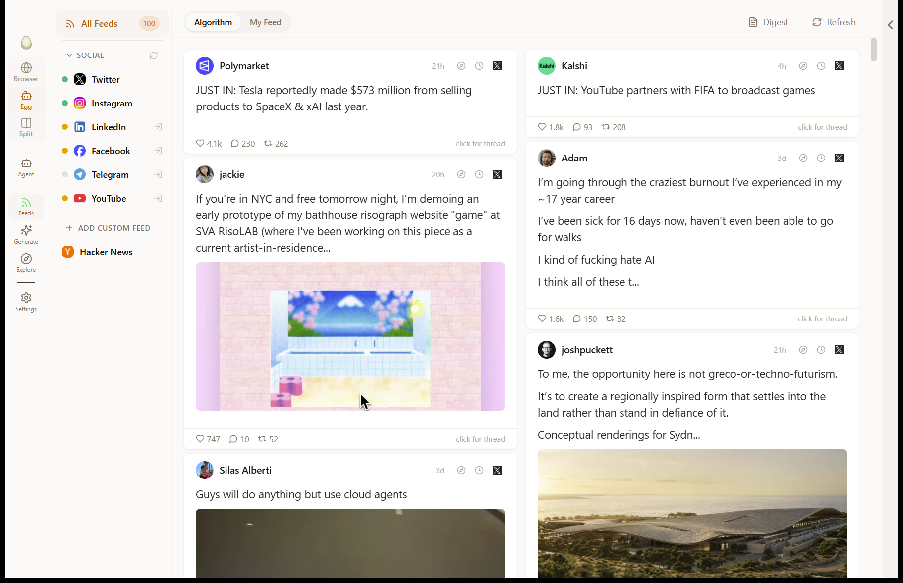 Egg's feed view in Cards layout: a left sidebar listing connected feeds (Twitter, Instagram, LinkedIn, Facebook, Telegram, YouTube, plus custom feeds), an Algorithm/My Feed toggle, and a two-column grid of post cards from various authors with engagement metrics