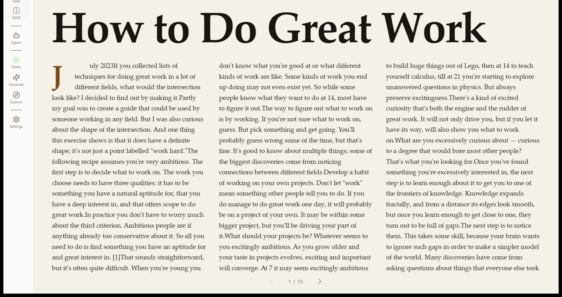 Egg's Magazine reading mode rendering Paul Graham's How to Do Great Work with drop caps and a three-column layout