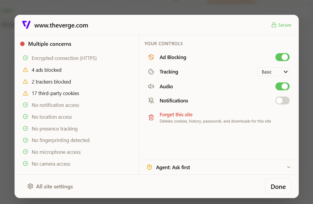 Egg's site info panel showing tracker counts, cookie controls, and per-site permissions